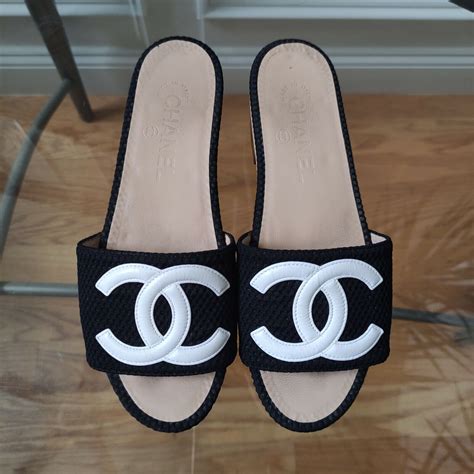 chanel white mules|Chanel quilted wedges.